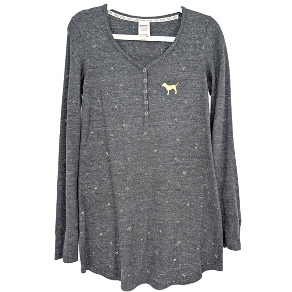 VTG Y2K Victorias Secret PINK Gray Thermal Waffle Logo Henley Sleep Shirt Small - Picture 3 of 9